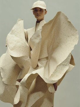 Conceptual fashion model wearing a voluminous, paper-textured beige outfit with artistic, sculptural design against neutral background