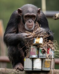 Chimpanzee Building Nest with Cans and Sticks in Nature Setting