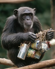 Chimpanzee Holding Cans with Twigs in Natural Habitat Close-Up