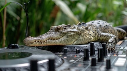 Alligator Relaxing on DJ Equipment in Lush Green Environment