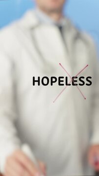 Medical professional in white lab coat standing near transparent board. Crossing out word hopeless against blue background. Symbolizing optimistic healthcare approach and potential treatment recovery
