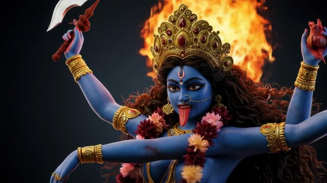 Powerful depiction of goddess Kali in fierce war pose with fire behind