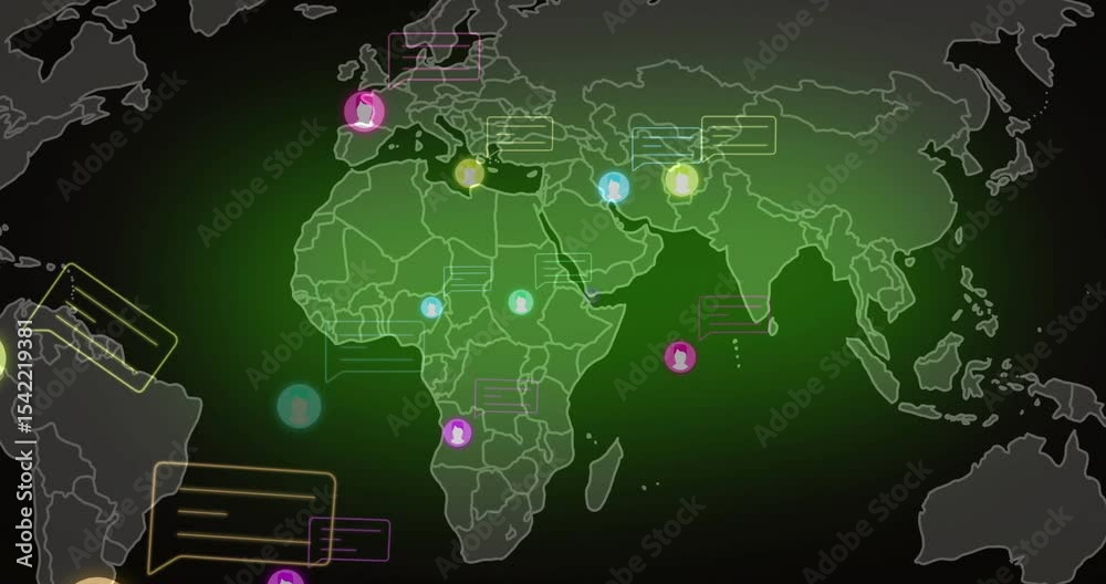 Poster purple map gradient fading triggers avatars pulsing and chat bubbles sliding showing chat network