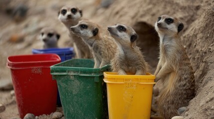 Group of Curious Meerkats Playing with Colorful Buckets in Sand