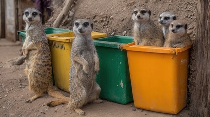 Curious Meerkats Exploring the Outdoors Near Colorful Bins