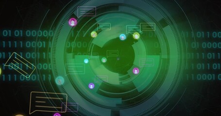 Opening dark backdrop initiating HUD rings spinning and avatars spiraling hub visualizing data flow - Powered by Adobe