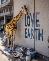 Giraffe near Wall with Colorful Love Earth Graffiti in Urban Setting