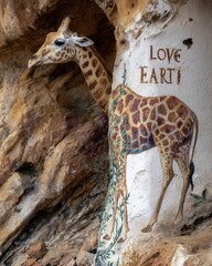 Giraffe Mural on Rock Wall with Nature-Inspired Artwork Design