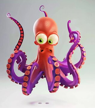 A moving 3D humorous, wide-eyed octopus in bright colors, featuring exaggerated tentacles and playful expression on white background