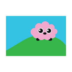 Naklejka premium Cute farm animal cartoon vector illustration set for a baby shower card design featuring a funny lamb and cow in a green meadow with flowers under a sunny sky
