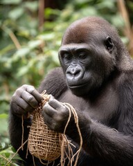 Thoughtful Gorilla Engaged in Crafting with Natural Materials