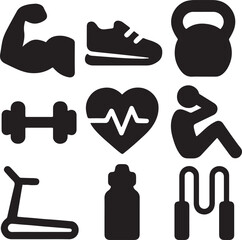 Fitness and health icon set. Workout and wellness silhouette