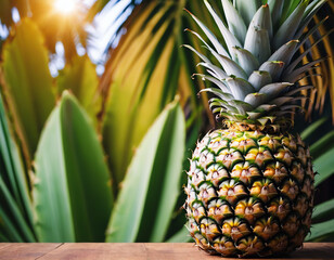 Obraz premium Ripe Pineapple on Wooden Surface with Tropical Leaves Background