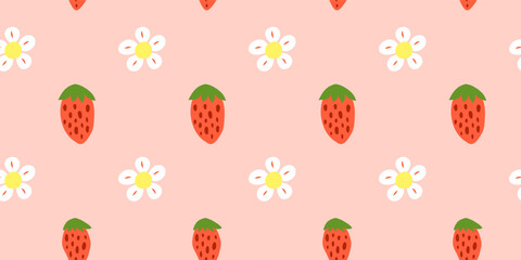 Cute pink seamless pattern with wild strawberries and flowers. Natural summer background with garden or forest berries. Perfect for kids clothes, giftware, womenswear, wrapping paper, etc.