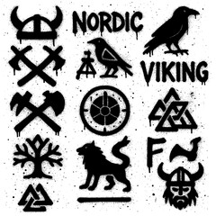 Graffiti Spray Paint Viking & Nordic Symbols – Transparent PNG with Blood Splatter Effect