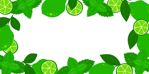 Horizontal background with mohito ingredients. Summer banner with mint and limes and empty space for text.
