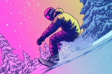 Vibrant Snowboarder Riding Downhill in Colorful Winter Wonderland