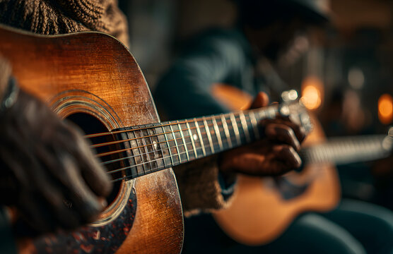 Country musicians playing acoustic guitars in a dusty room - Powered by Adobe