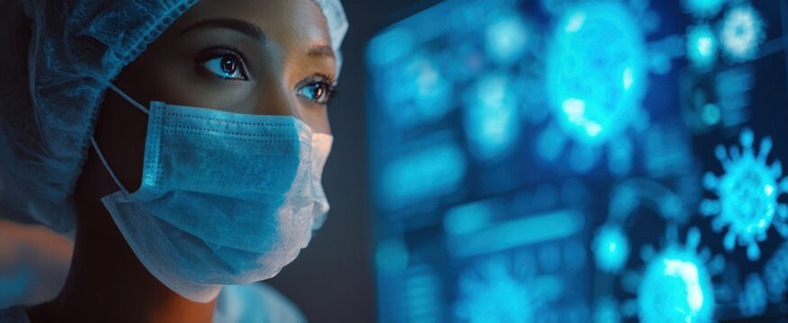 The healthcare professional examining vital medical data on a digital display.