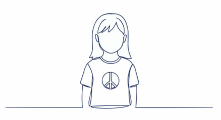 A simple line drawing of a young person wearing a peace symbol on their shirt.