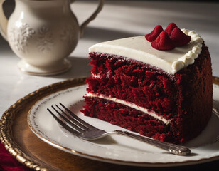 A slice of rich red velvet cake with creamy white frosting and fresh berry garnish, served on an elegant plate with a fork