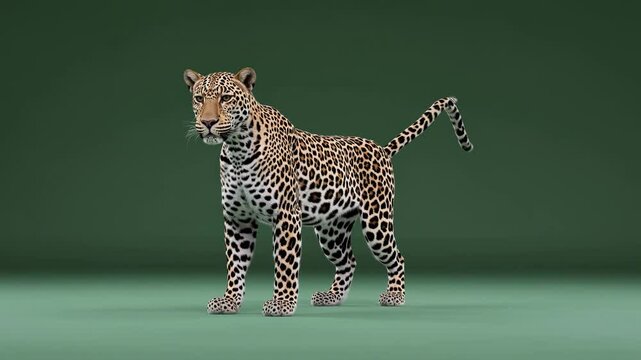 Graceful leopard walking against green backdrop in high definition closeup