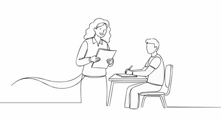 An outline depicts a professional woman consulting with a man at a desk.