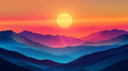 Fototapeta premium Abstract mountain landscape with sun silhouette at a vivid sunset, vector design