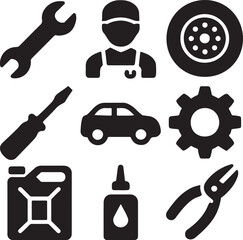 Mechanic and automotive service icon set. Containing mechanic avatar, gear with wrench, screwdriver, oil drop, battery, overalls, and toolbox symbols. Garage and vehicle repair silhouettes. Solid icon