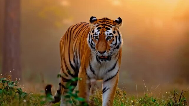 Bengal Tiger in Action: Majestic Predator Striding Through Misty Forest at Golden Hour with Intense Gaze and Sunlit Fur Details
