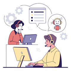 Call center set. Characters using artificial intelligence generative tools for communication. Helpdesk, hotline, customer support service concept. Vector illustration.