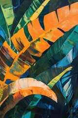 Abstract tropical leaves in vibrant colors.  Close-up view of overlapping, stylized leaves in bold oranges, yellows, greens, and blues.  Textural brushstrokes suggest a lush, dense foliage