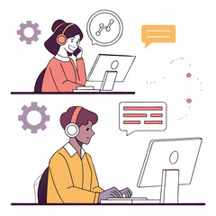 Call center set. Characters using artificial intelligence generative tools for communication. Helpdesk, hotline, customer support service concept. Vector illustration.