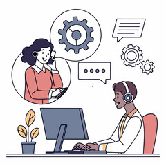 Call center set. Characters using artificial intelligence generative tools for communication. Helpdesk, hotline, customer support service concept. Vector illustration.