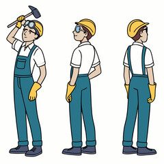 Technician worker wearing overall uniform, protective goggle holding hammer tool. Character for animation. Front, side and back view set. Body parts, postures, poses collection. Vector illustration