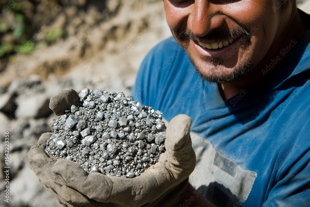Poster Man proudly holds silver ore during mining activity Generative AI
