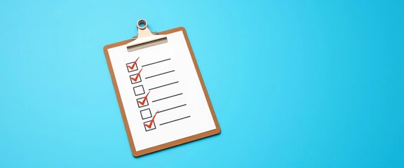 Checklist clipboard with check marks, flat icon style on blue background, illustration, check marks