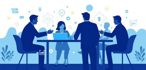 Abstract blue teamwork vector illustration with cooperation, support, project goals, networking, meeting, unity, collaboration icons,  unity,  team
