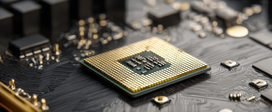 The intricate details of a microprocessor on a modern circuit board.