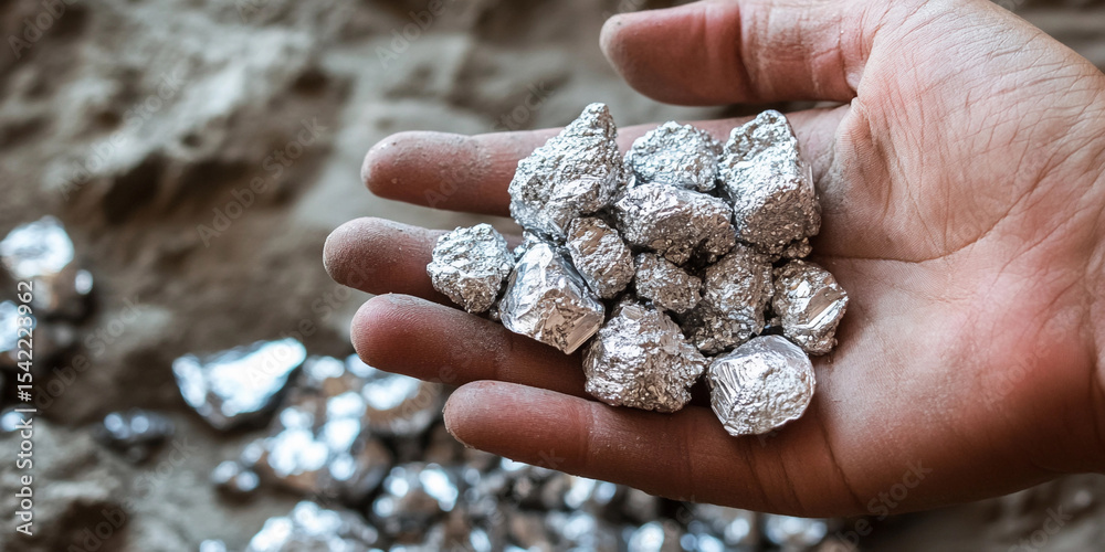 Poster hand holding silver chunks in natural setting generative ai