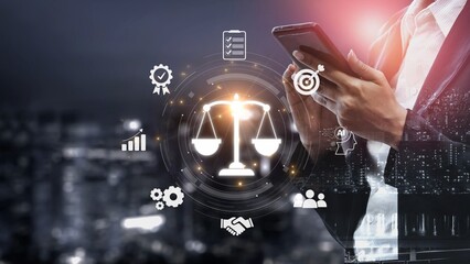 Futuristic digital law interface displaying justice scale, highlighting digital law, AI compliance, digital law systems, and digital law regulations for secure governance. Muxer