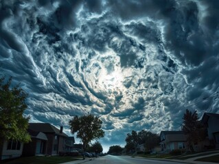 Dramatic storm clouds over a residential street.  