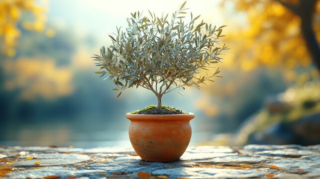 Small olive tree in terracotta pot, autumnal park setting