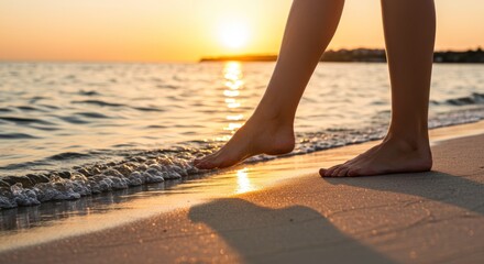 Young woman's feet walk along the sandy beach at sunset, enjoying the tranquil ocean and summer sun