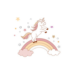  Cute unicorn jumping over pastel rainbow, clouds, sparkles, shining stars, soft colors, vector illustration