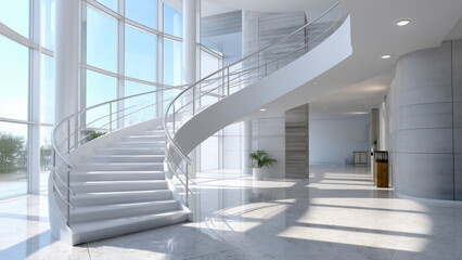 A modern architectural spiral staircase with white metal steps and a glass railing, set in a minimalist interior with large windows and natural light highlighting the clean lines and symmetry.