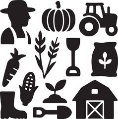 Farming and agriculture icon set. Containing farmer, tractor, corn, barn, pitchfork and shovel, hay bale, and cow. Rural life and organic farming silhouettes. Solid icon collection.