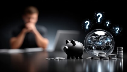 A pensive figure, piggy bank, and globe