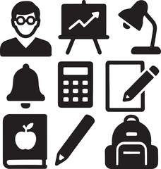 Online education icon set. Containing teacher avatar, school blackboard, apple, and textbook symbols. E-learning and digital education icons. Solid icon collection.