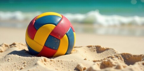 Obraz premium Brightly colored volleyball nestled in soft sand, photography, sun, texture